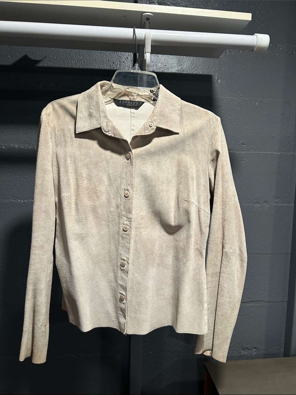 Express Women's Light Beige Button-Down Long Sleeve Suede shirt